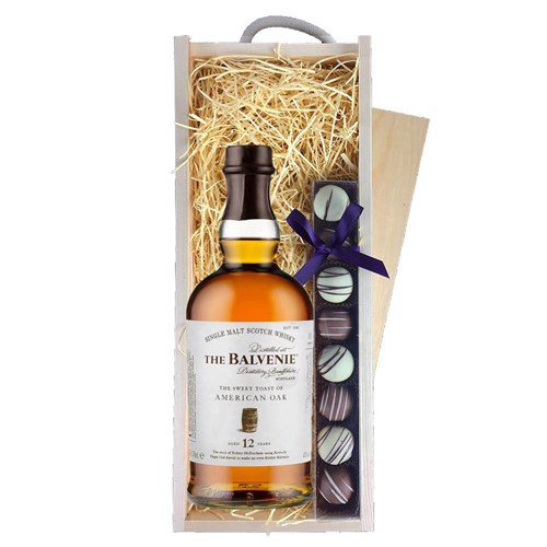 Balvenie American Oak 12 year old Whisky 70cl & Heart Truffles, Wooden Box